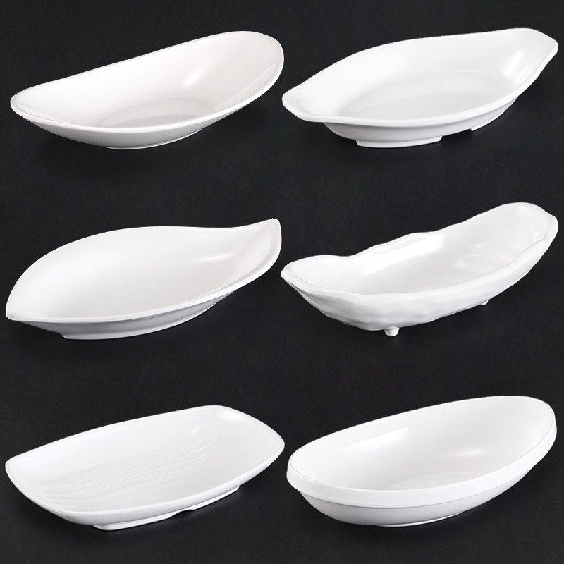Melamine boat-shaped plates, imitation porcelain, creative tableware for hotels and restaurants, plastic oval-shaped fish plates, cold dish plates, commercial use