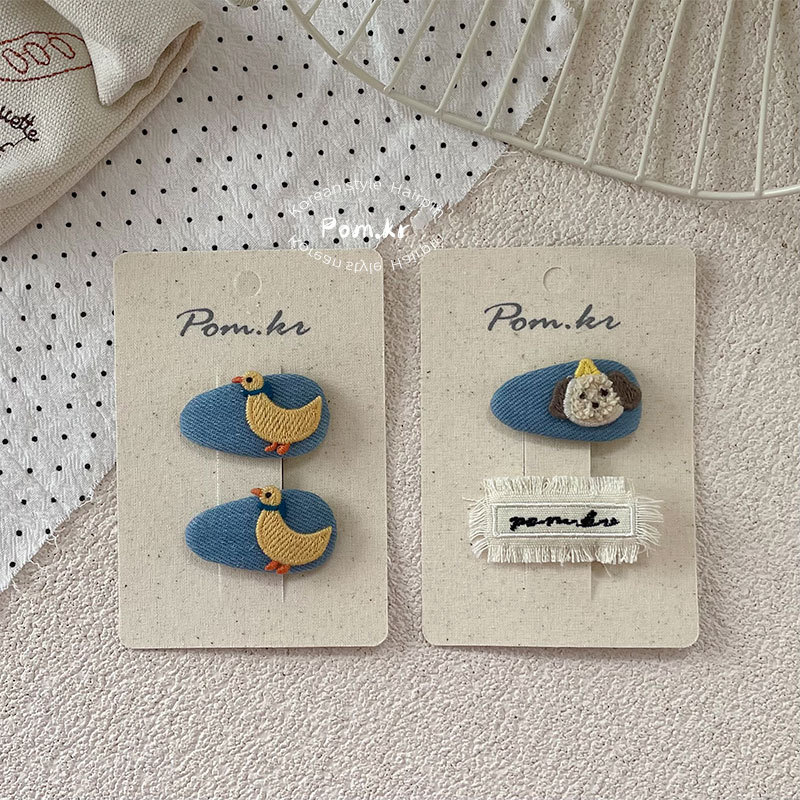 New Korean-style denim cartoon hair clips, children's fabric side fringe bangs clips, oval little duck pair hair clips