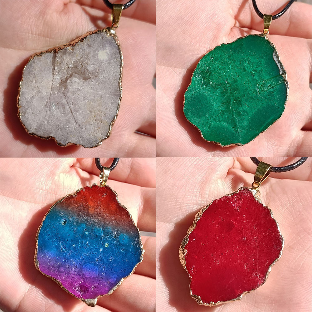 Wholesale of natural crystal stone seven-color electroplated crystal agate sheet raw stone pendants and irregularly shaped necklace pendants Specification image