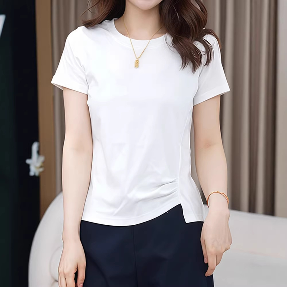 Cotton waist-cinching irregular grey short-sleeved T-shirt for women 2026 summer new style, a stylish short top paired with a skirt Specification image