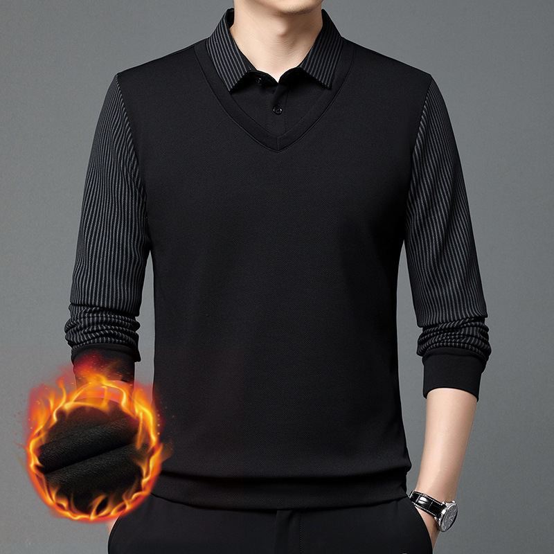 A cross-border men's clothing bestseller, a two-piece T-shirt for autumn and winter, with added fleece and thickened, a loose and casual lapel top for middle-aged men Application Scenario