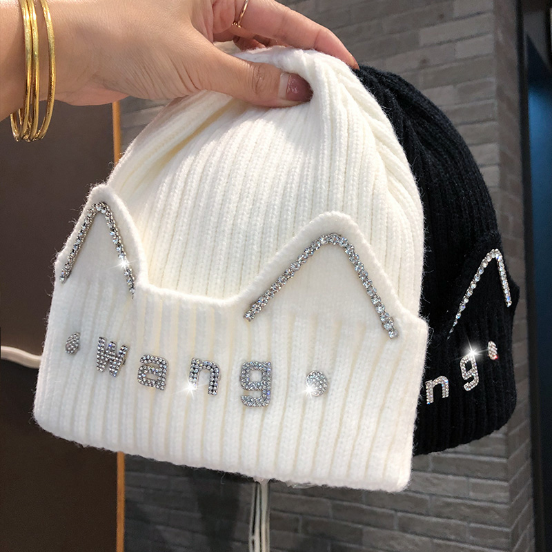 South Korea's New Network Red Wang Letter Rhinestone Woolen Hat Travel All Over The Head Hat Warm Ear Protection Knitted Hat details Picture