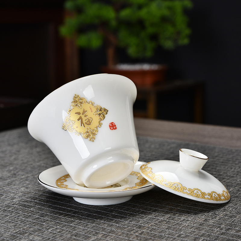 Sheep fat jade white porcelain covered bowl Gongfu tea set, business office ceramic gift complete set, home living room tea cup details Picture