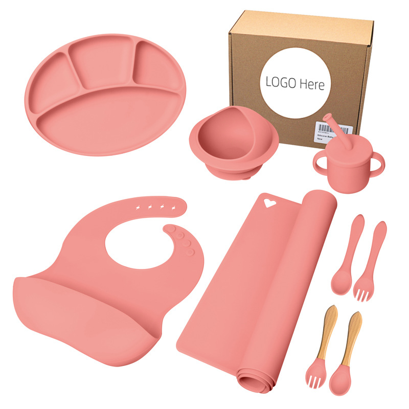 Amazon's best-selling baby silicone four-compartment dinner plate, oval baby tableware set, children's complementary food bowl, fork, spoon and bib Item Picture