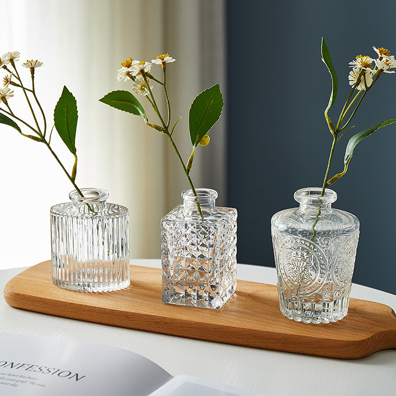French Vintage Small Vase Embossed Glass High Appearance Level Sensen-Style Vase Transparent Hydroponic Flower Arrangement Living Room Decoration Vase Application Scenario