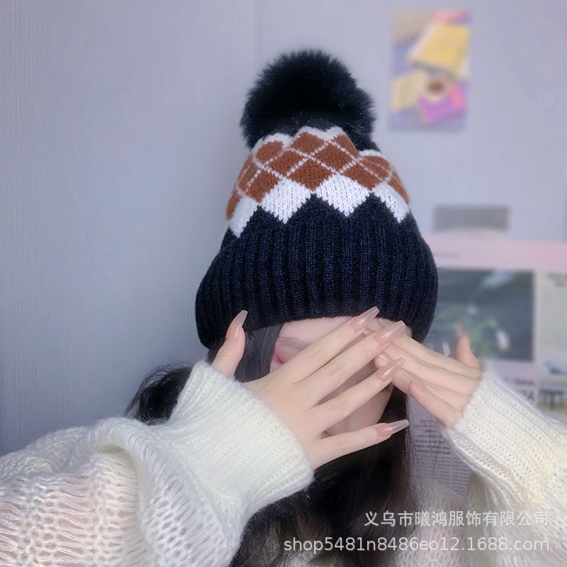 Hat Woman New 2021 Autumn And Winter Hot Sell Plaid Jacquard Warm Knit Hat Lady All Ride Windproof Woolen Hat Specification drawing