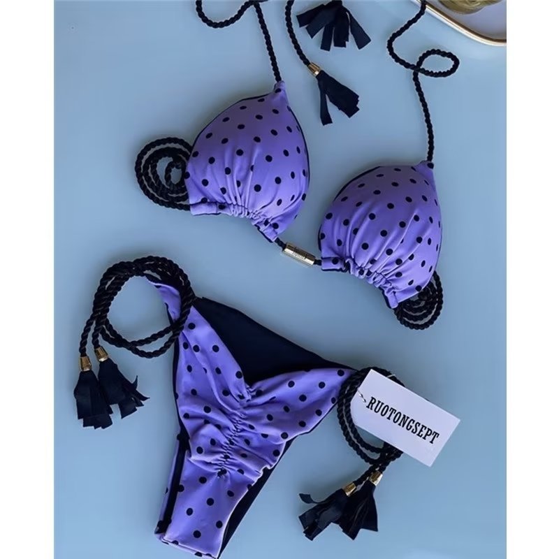 The 2022 new cross-border swimwear for women, bikini wheel printing manufacturer, is selling the popular knitted rope printed swimwear in foreign trade details Picture