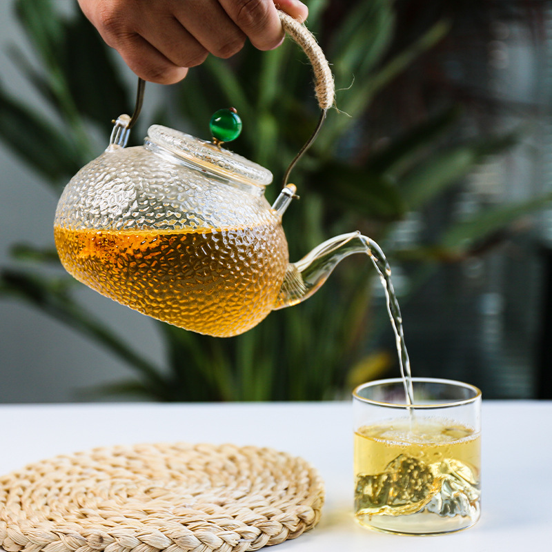 厂家批发锤纹玻璃泡茶壶家用耐高温加热烧水花茶壶套装铜把提梁壶