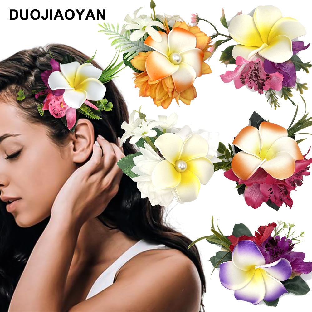 Hawaiian frangipani hair clips, Dai ethnic festival flower pearl side clips, women's beach vacation photo hair accessories details Picture