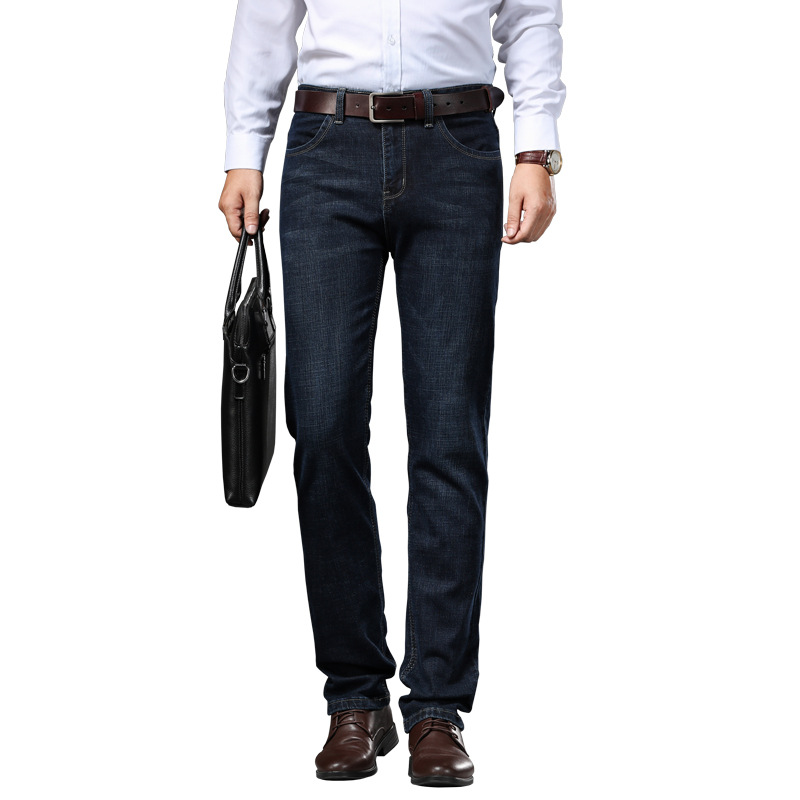 Autumn and winter men's wear: stretch cotton business casual men's straight-leg jeans and long pants with thick fleece men's pants Item Picture