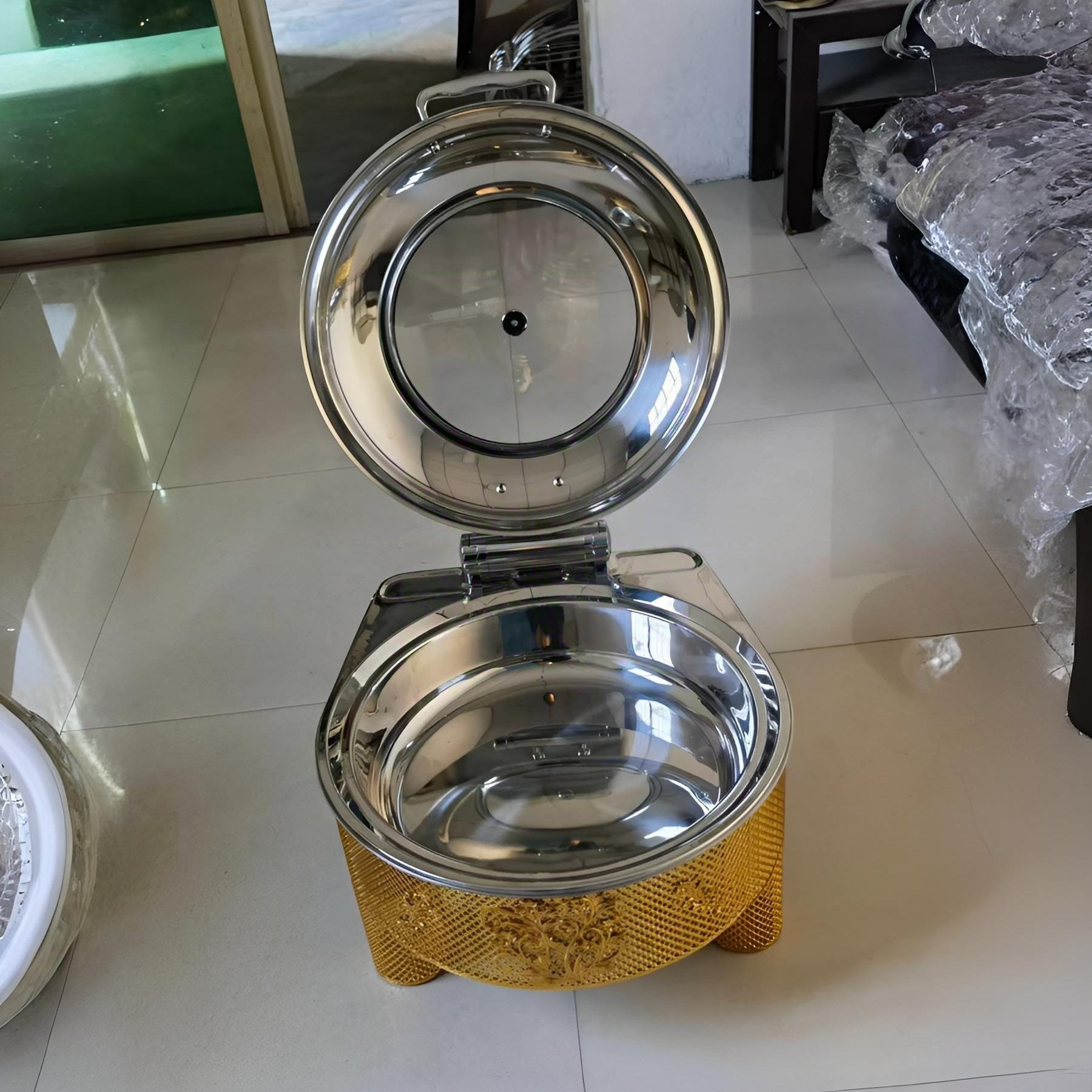 Cross-border golden stainless steel alcohol heating luxury Buffet stove, wedding banquet flip cover commercial alcohol stove, buffet stove