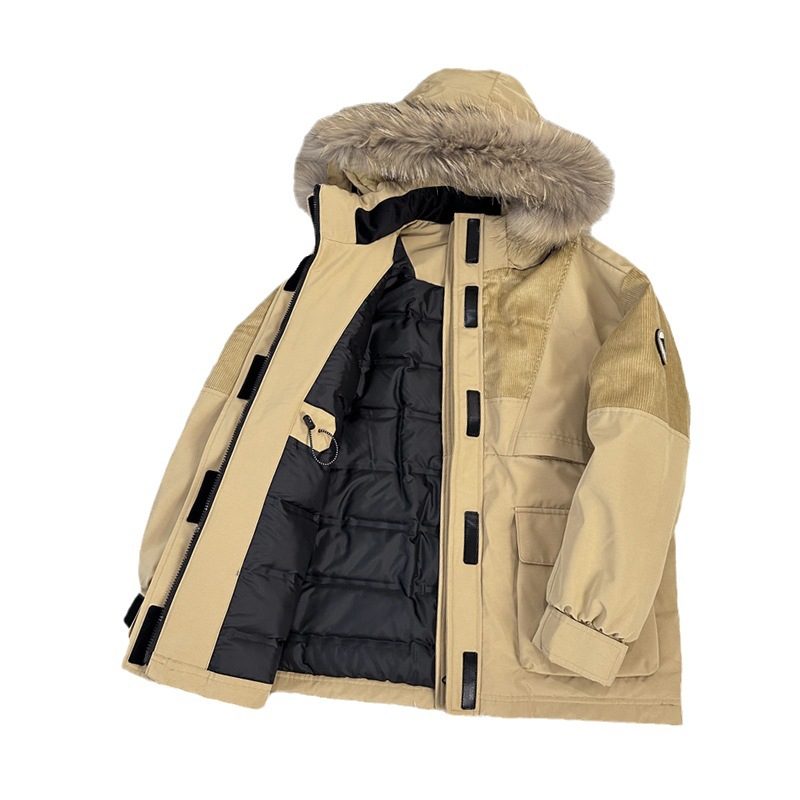 High-quality American retro outdoor workwear for couples, thickened white duck down, detachable genuine fur collar Parker down jacket Item Picture