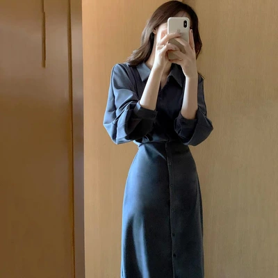 2022 Spring New Korean Version Retro Temperament Waist Slimming Shirt Dress Female French Light Cooked Over The Knee Long Dress