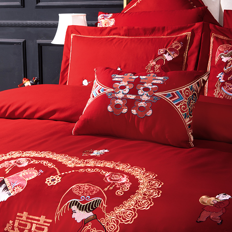 High-end wedding four-piece set of 100 pieces, Chinese red all-cotton embroidered multi-piece set, wedding room bedding consignment Application Scenario