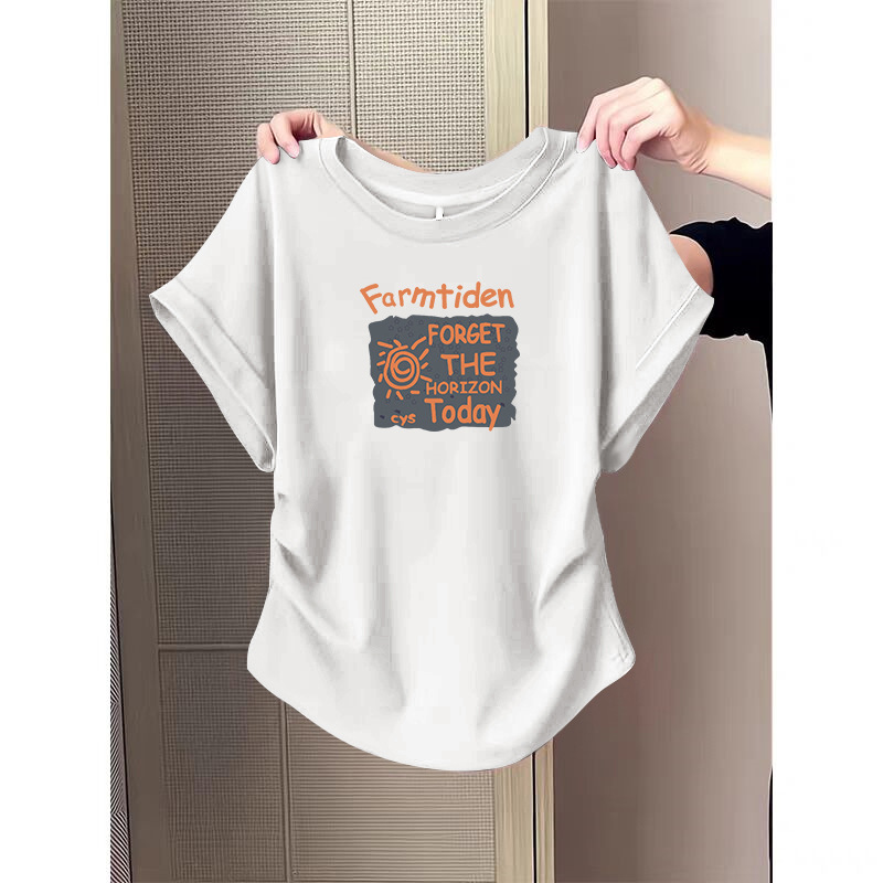 A small-sized cotton off-the-shoulder short-sleeved T-shirt for women, a summer fashion that makes them look younger. Pair it with a pleated and cinched bottom layer details Picture