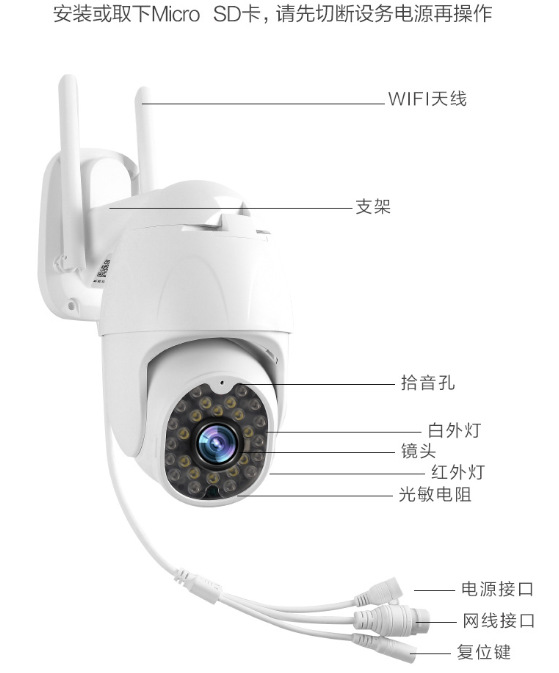 Home remote outdoor surveillance camera wireless WiFi HD night vision 4G card webcam Specification drawing