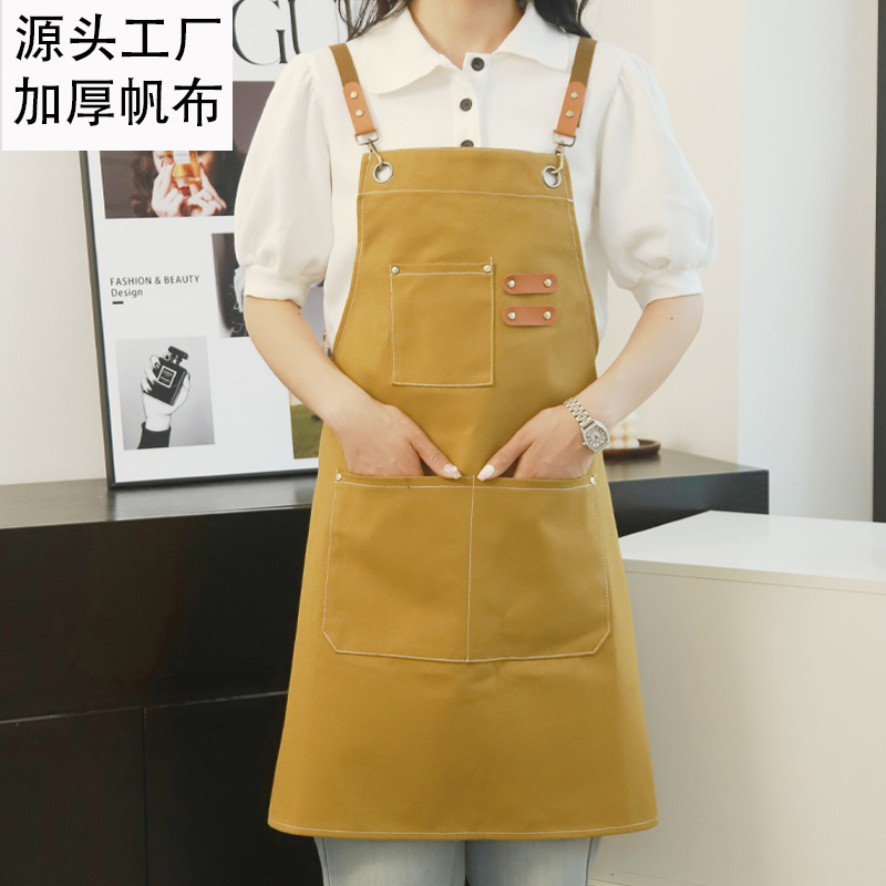 跨境加厚帆布背带棉围裙防水防油厨房做饭高颜值围腰园艺围裙批发