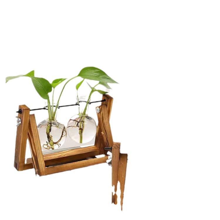 Creative wooden stand hydroponic glass vase, Ins-style retro pothos plant hydroponic vessel, small vase, desktop decoration Item Picture