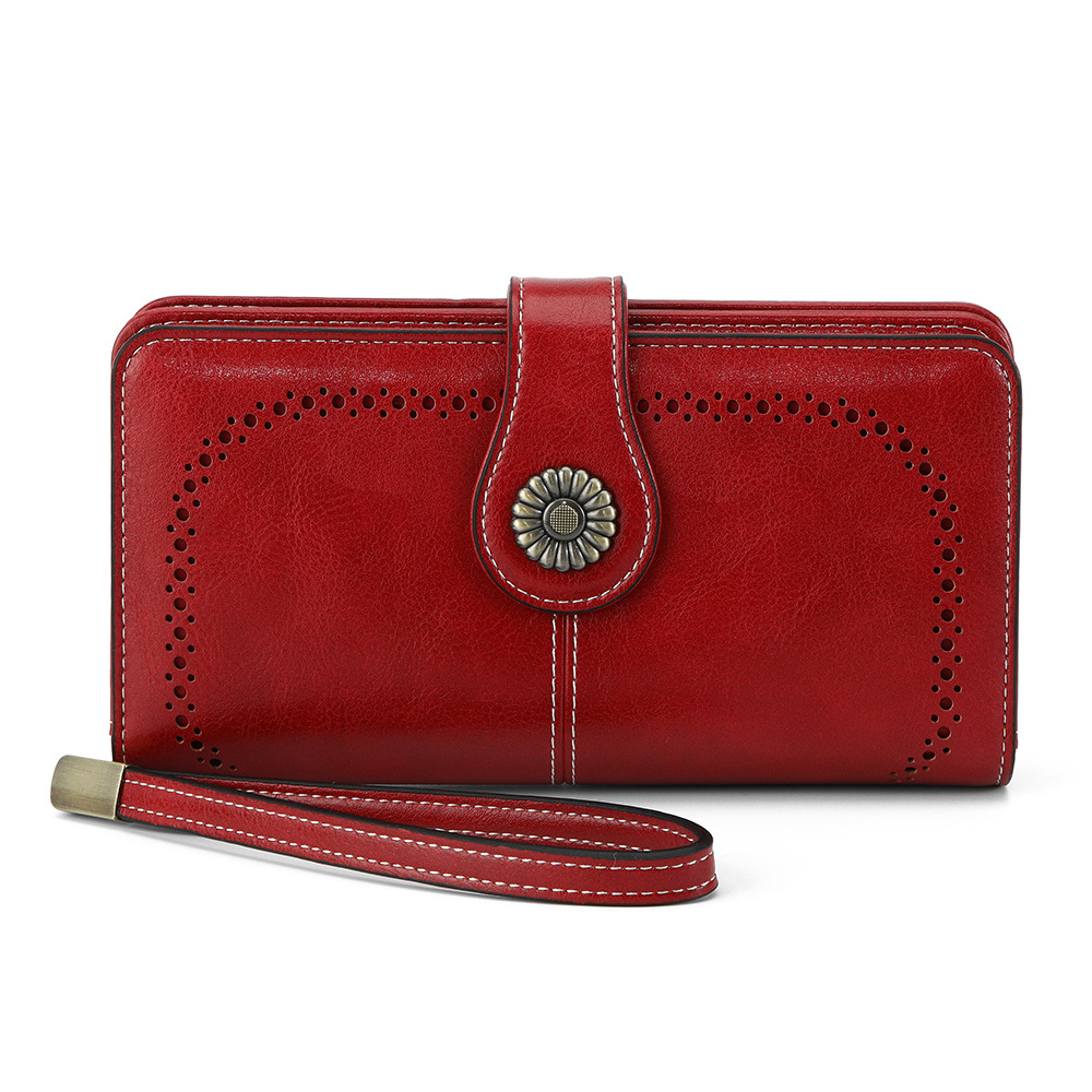 Cross-border blast RFID anti-magnetic monedero para mujeres europa y américa retro piel de cera de aceite calado billetera de dinero cartera de mano de gran capacidad Item Picture