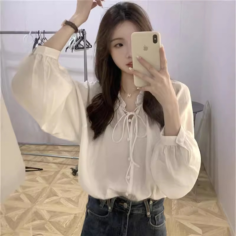 法式灯笼袖娃娃衫女装韩版2024年秋季韩版小众设计感遮肉显瘦衬衫
