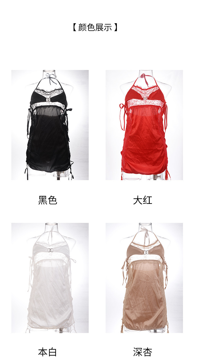 欧美绑带性感睡裙女紧身镂空弹力缎睡衣制服蕾丝花边网纱睡裙详情9