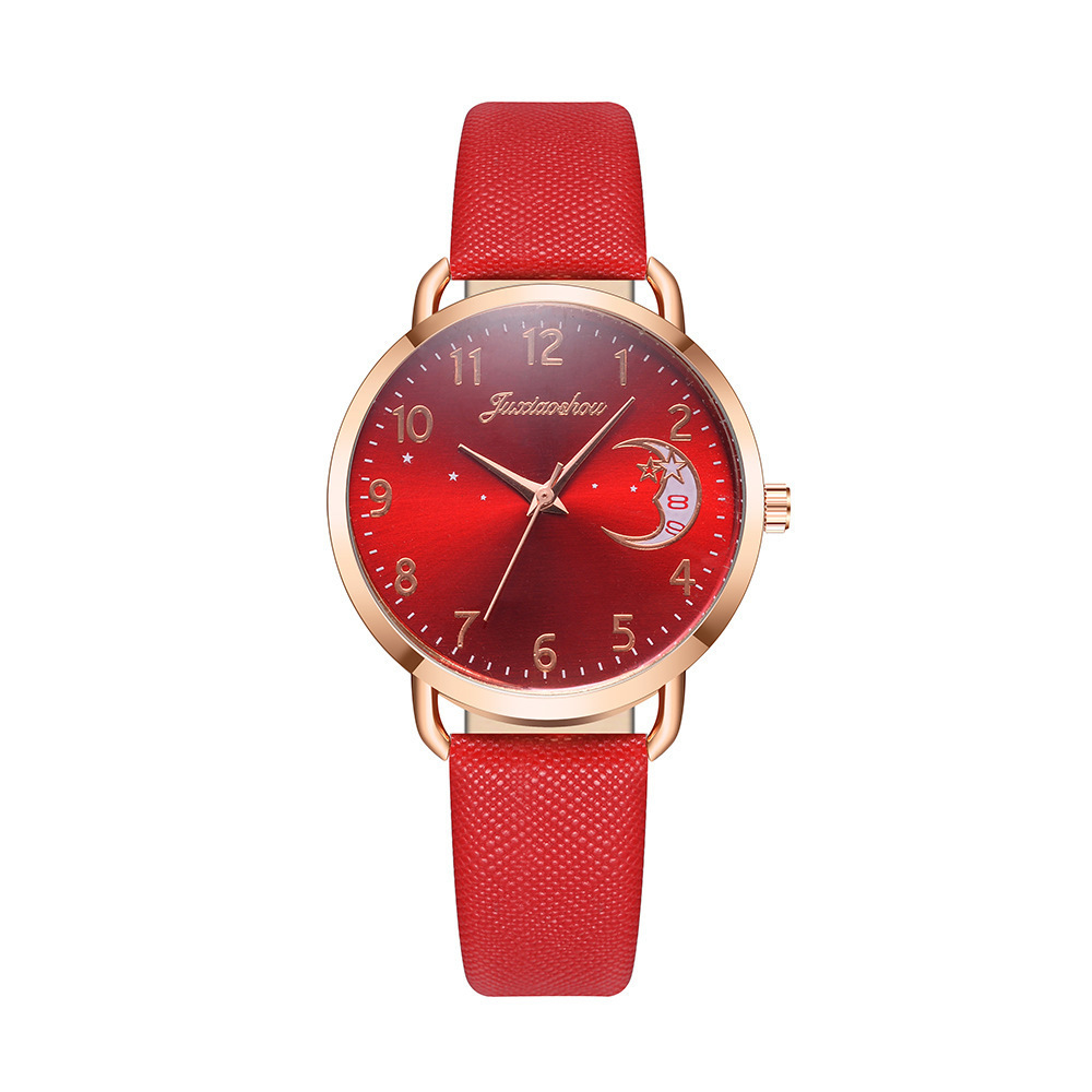 Cross-border hot Douyin live fashion moon pattern PU leather ladies simple student watch supply quartz watch details Picture