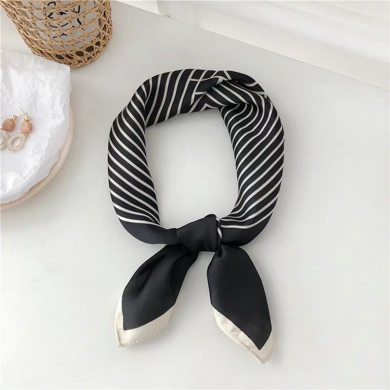 New Style Of Small Fragrance Wind Silk Scarf Stripes Home Sun Li With A Simple Korean Version Of Black And White Professional Small Scarf details Picture