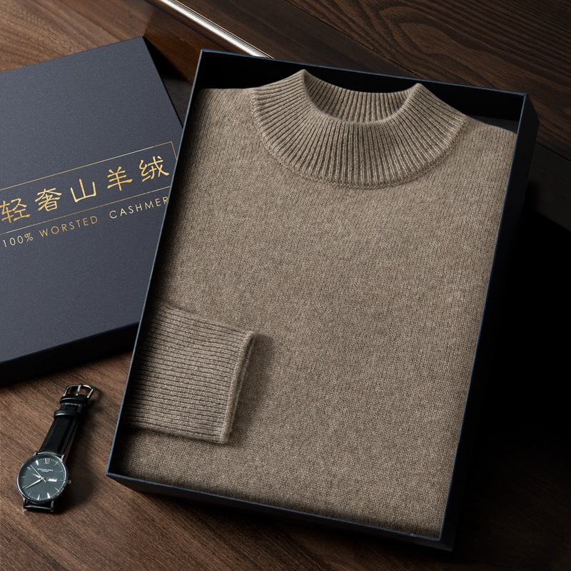 A 7-stitch thickened semi-high neck solid color cashmere sweater for men, a fashionable and simple light business knitted sweater as a base layer, a pullover sweater Specification image