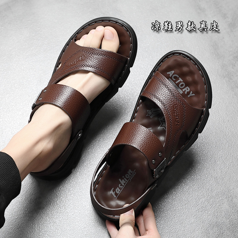 Men's sandals leather summer cowhide beach shoes 2024 new driving outside to wear non-slip dual-use father men's sandals details Picture