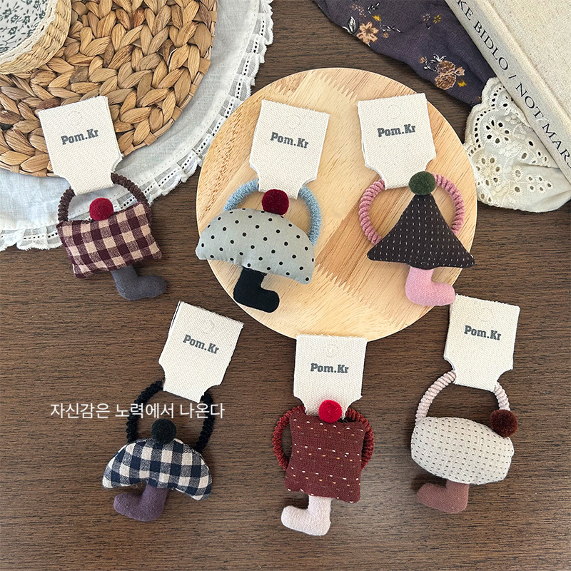 New Korean-style fabric cotton-filled three-dimensional mushroom umbrella, checkered forest style cute hair band, high-elasticity leather band hair tie