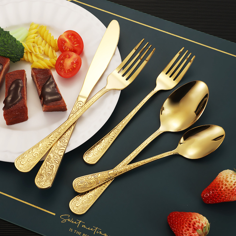 Amazon Creative court-style stainless steel tableware set, light luxury and retro patterned Western steak knife, fork and spoon details Picture
