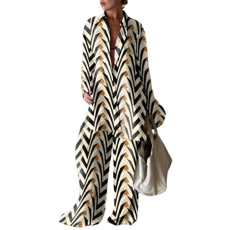 New European and American printed suits, loose long-sleeved V-neck straight-leg pants, dresses, travel, leisure and vacation one-piece shipping Item Picture