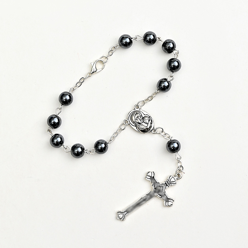European And American Foreign Trade Cross-Border Sales Of Cross Necklaces New Black Gall Stone Rosary Curved Needle Bracelet Alloy Cross Pendant Cross Jewelry Manufacturers Wholesale details Picture