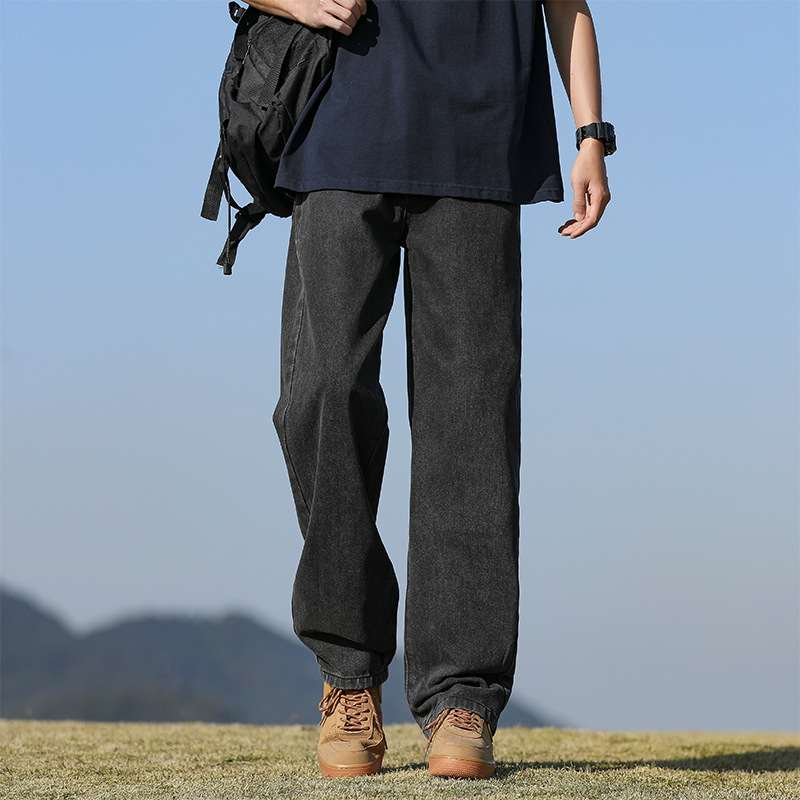 All-season floor-length jeans in solid color, retro public style, Hong Kong loose straight-leg pants, workwear casual pants, men's and women's long pants