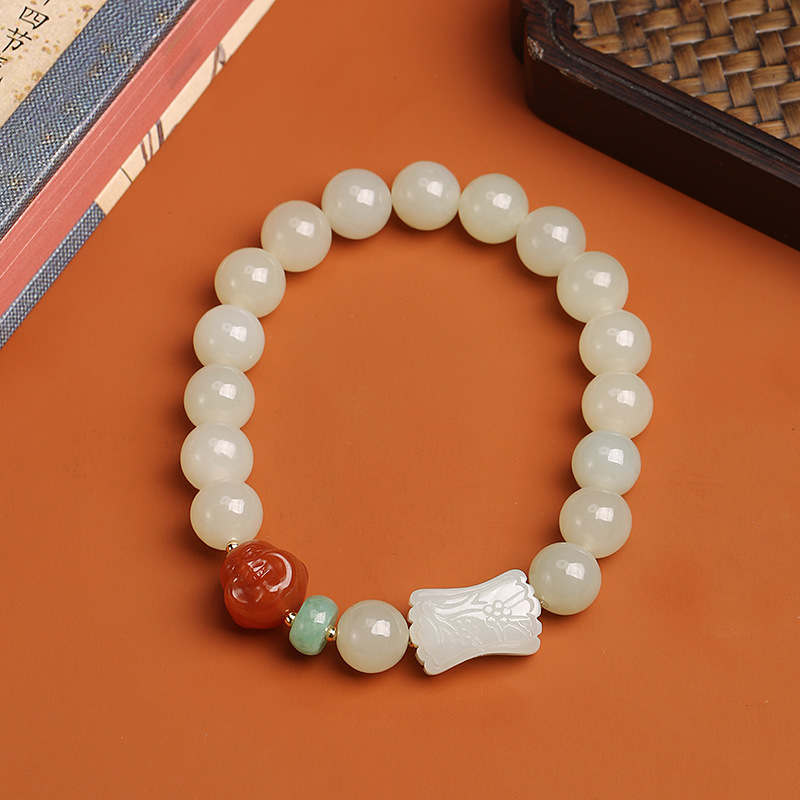 Natural Hetian jade Winter Plum Defying snow old material Hetian jade bracelet, red Maitreya with jade abacus beads jewelry for women details Picture