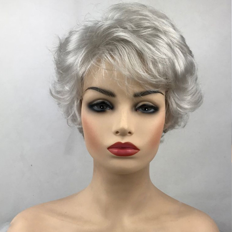European and American women's short curly hair, full-length synthetic fiber wig, silver-white wig, side-swept bangs, micro-curls, middle-aged and elderly curly hair wholesale details Picture