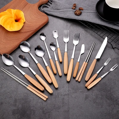 Stainless Steel Knife, Fork And Spoon Set Japanese Simple Wooden Handle Tableware Western Knife And Fork Coffee Spoon Dessert Spoon Wholesale