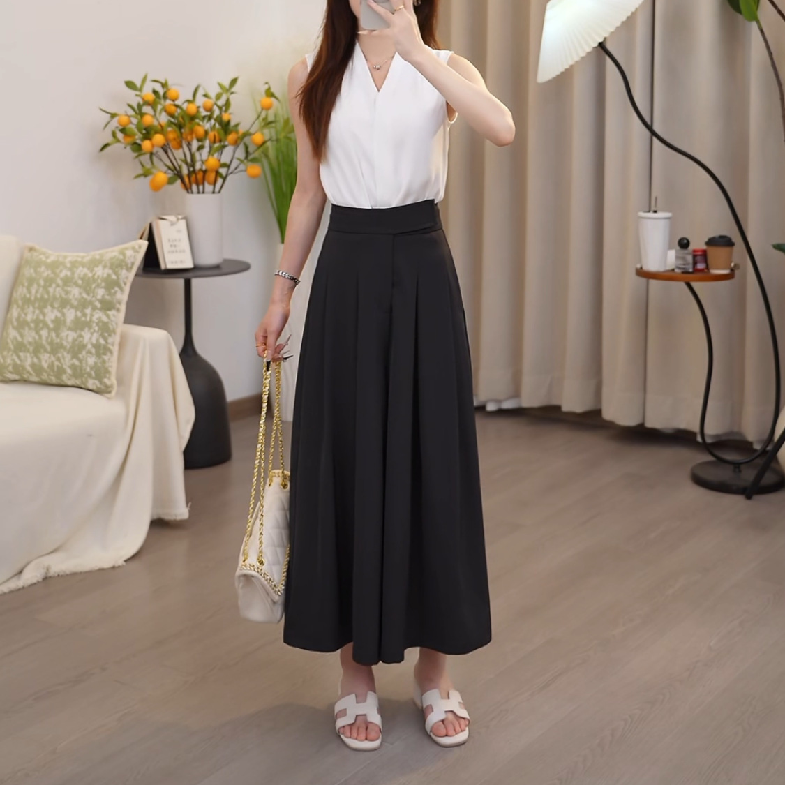 Summer Korean style petite high-waisted skirt pants for women, loose and slimming with a sense of texture, thin casual wide-leg pants, others Specification image