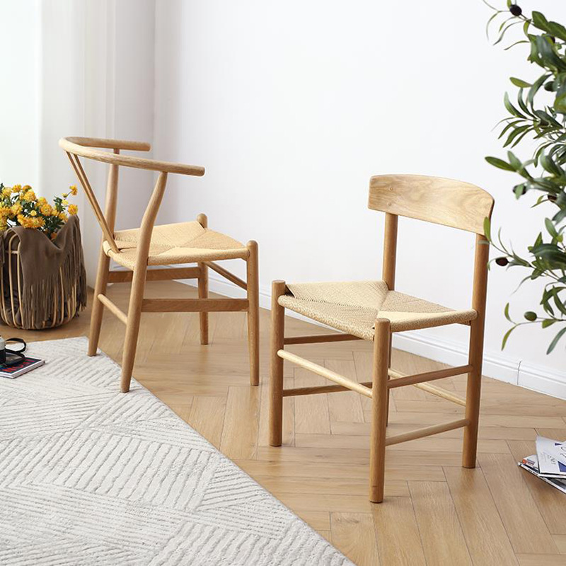 Nordic white oak solid wood dining chairs, tea house retro casual backrest, Chinese rope-woven circle chairs, Japanese cowhide and hemp rope chairs details Picture