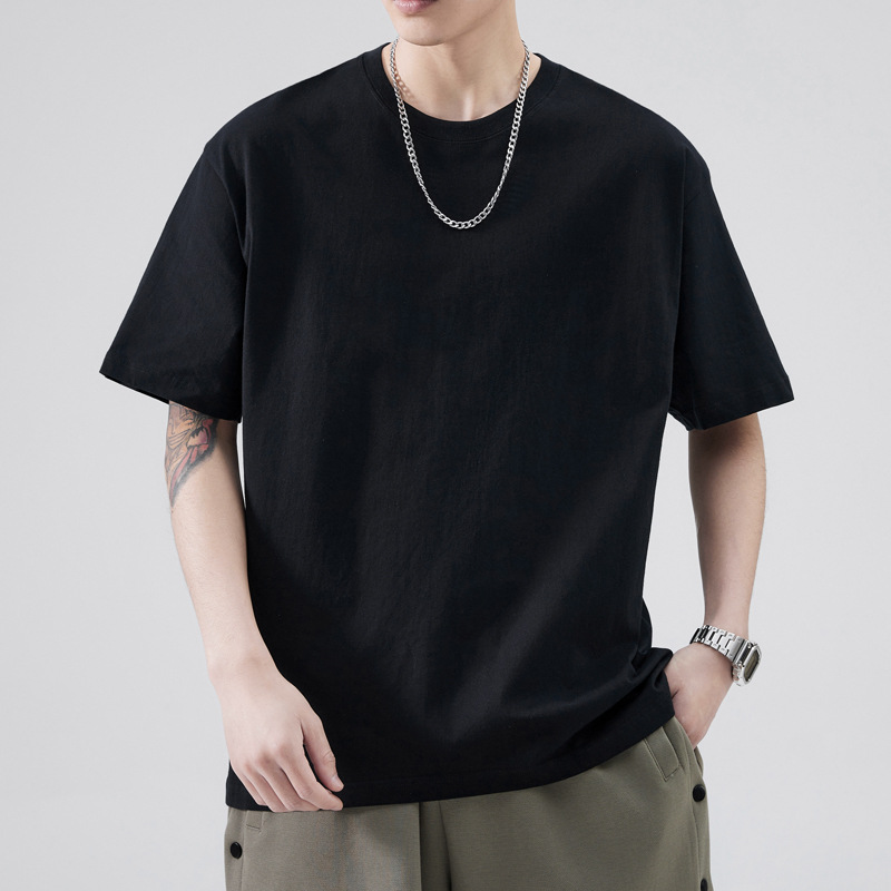 A men's short-sleeved T-shirt made of mercerized cotton with a loose round-neck inside, a summer trend in solid white, half-sleeved, large-sized men's clothing details Picture