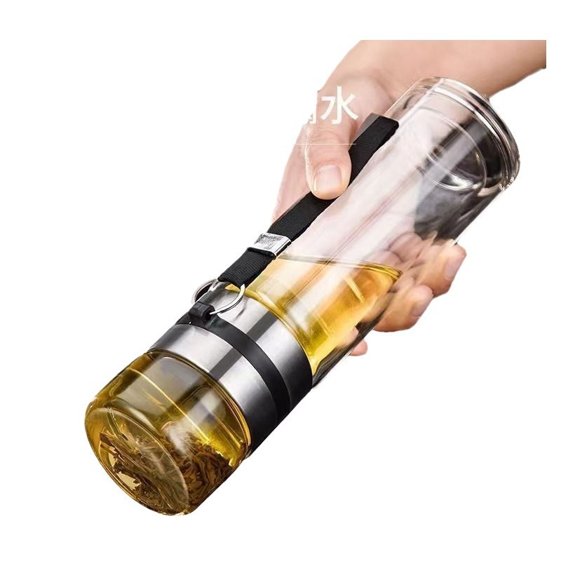 茶水分离杯高档双层加厚玻璃水杯透明泡茶杯高硼硅水杯男士茶杯子白底实物图