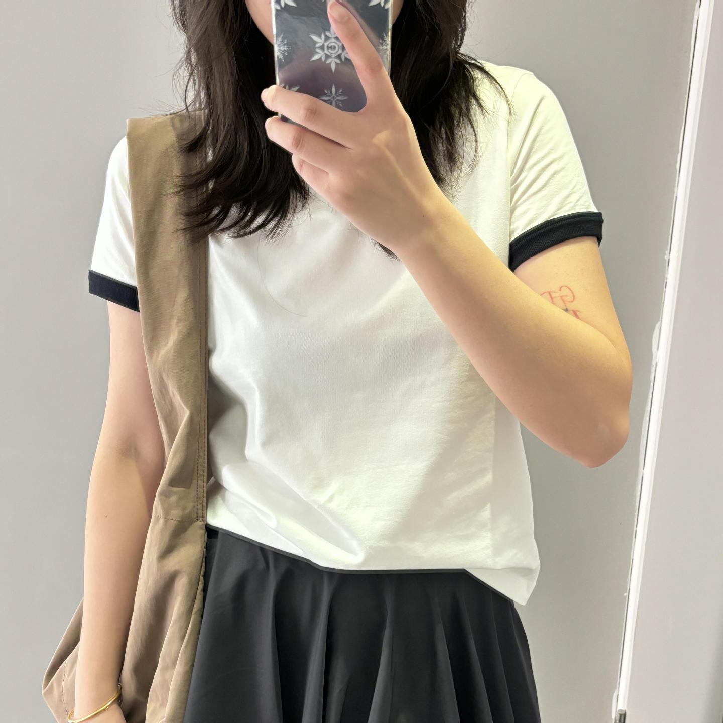 C家修身版型圆领短袖T恤米白藏青色棉质女T25春季新品 1267052001