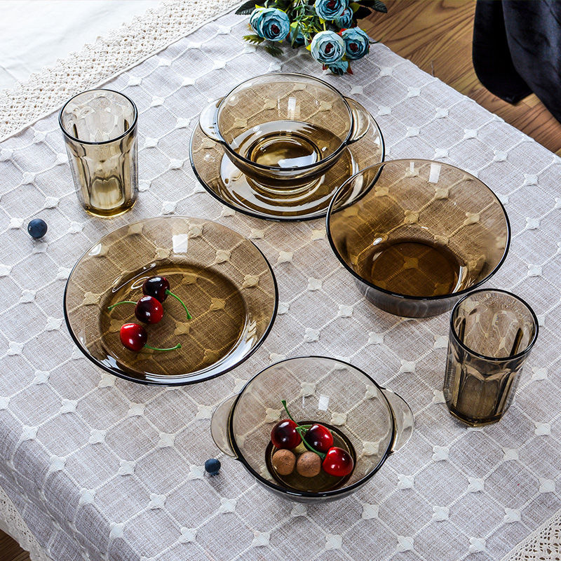 茶色玻璃双耳碗碗盘套装家用欧式加厚盘子水果沙拉米饭麦片独立站详情图1