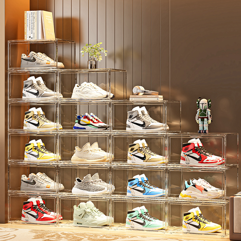 全透明收纳鞋盒侧开磁吸门收纳盒手办盒包包收纳盒PET 可叠加鞋盒