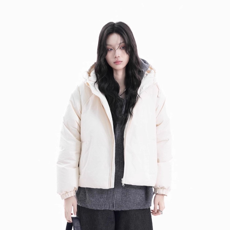 可定制韩系黑色连帽羽绒服外套女加厚保暖宽松白鸭绒面包服