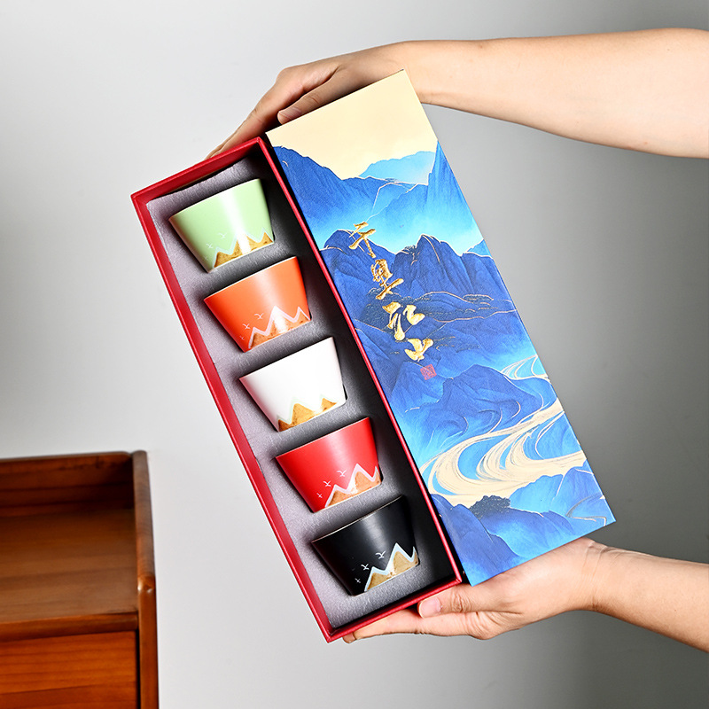 New Chinese-style five-color cups, thousand-mile river tea cups, ceramic tea sets, tea tasting cups, complete set of business small gifts