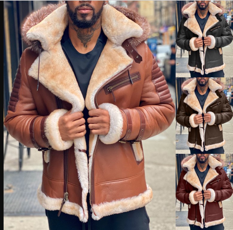 Aliexpress Independent Store wish Cross-border Brown large fur collar hooded, fleece and thickened men's leather jacket 6572