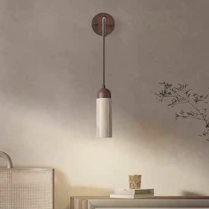 A yellow cave stone solid wood bedroom headboard wall lamp with a switch and rotatable wall lamp, designed by a Nordic retro homestay headboard Application Scenario
