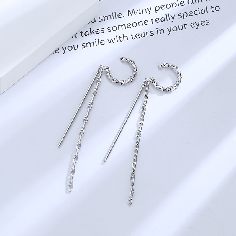 Long ear-clip-style earrings without ear piercings, simple and elegant for women, a niche European and American twisted long tassel ear-hanging bone clip details Picture