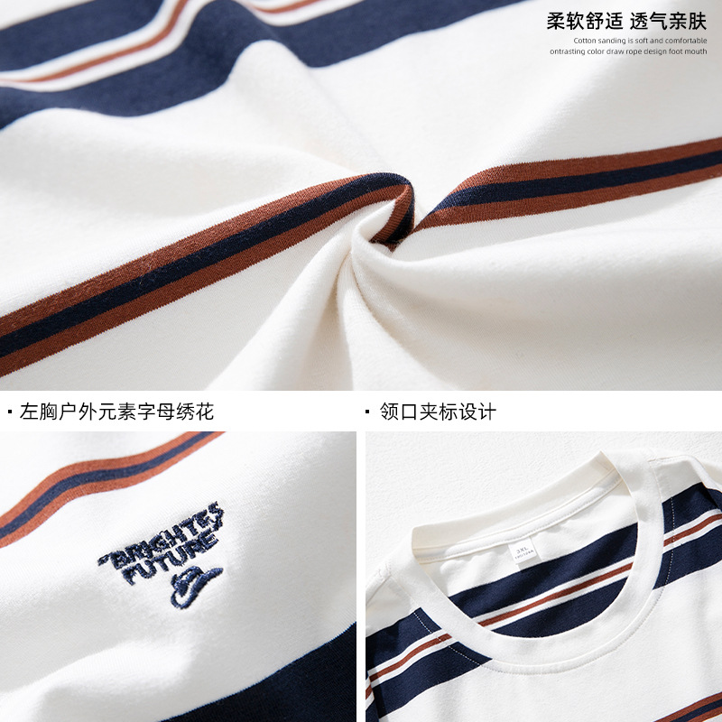 Korean men's retro short-sleeved T-shirt, new summer style Japanese couple letter-embroidered color-blocking striped T-shirt Application Scenario